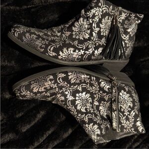 Black and Silver Floral Patterned Boots